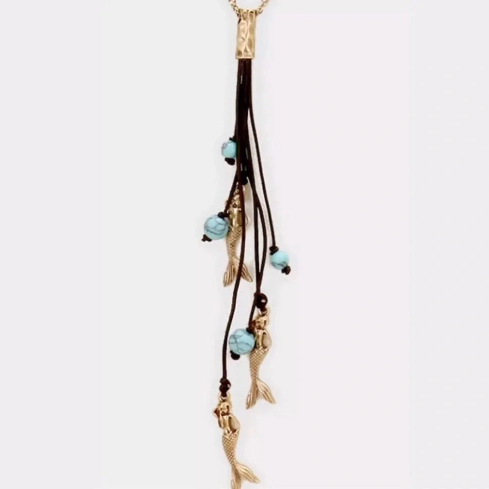 MERMAID‎ leather fringed & Gold Necklace & Earrings Set NWT